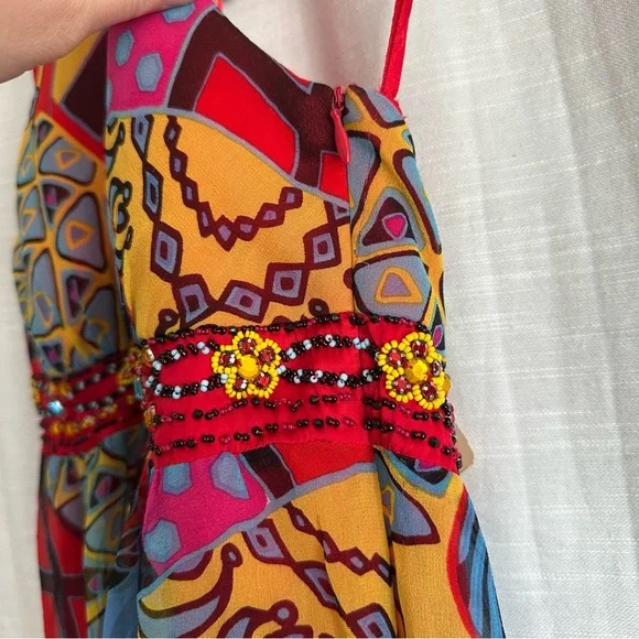 Sue Wong vintage VTG 100% silk flowy halter top Y2K beaded dress bright colors - Picture 5 of 13